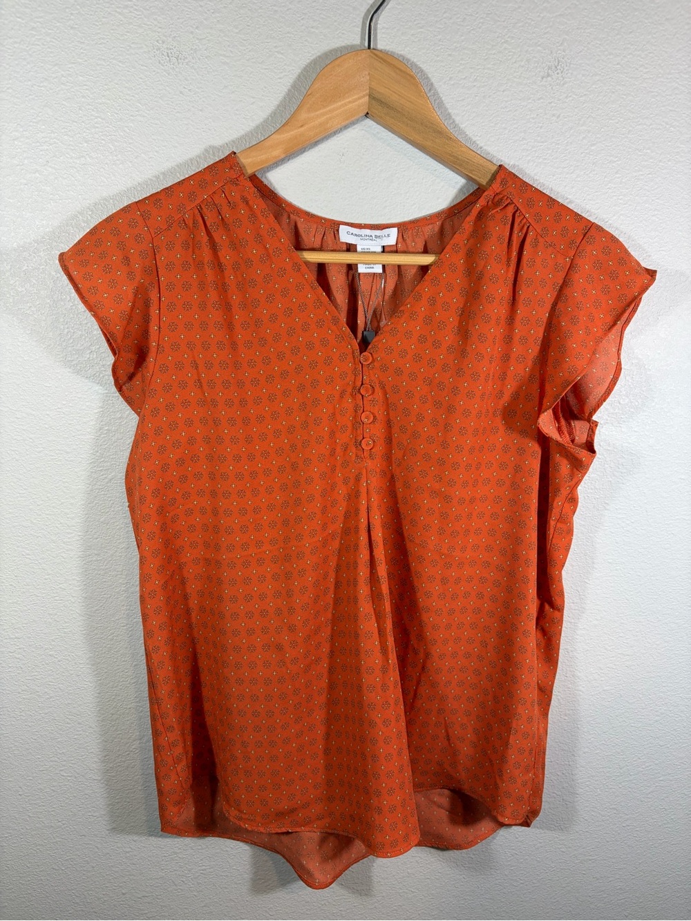 NWT Carolina Belle Montreal Orange Floral Button Front Flutter Sleeve Blouse XS